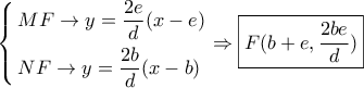 \left\{ \begin{gathered} 
  MF \to y = \frac{{2e}}{d}(x - e) \hfill \\ 
  NF \to y = \frac{{2b}}{d}(x - b) \hfill \\  
\end{gathered}  \right. \Rightarrow \boxed{F(b + e,\frac{{2be}}{d})}