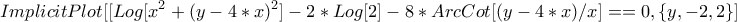 \displaystyle{ImplicitPlot[ [Log[x^2 + (y - 4*x)^2] - 2*Log[2] - 8*ArcCot[(y - 4*x)/x] == 0, \{y, -2, 2\}]}