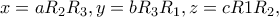 \displaystyle{x=aR_{2}R_{3},y=bR_{3}R_{1},z=cR{1}R_{2},}