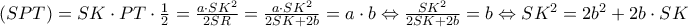 (SPT)=SK \cdot PT \cdot \frac{1}{2}=\frac{a \cdot SK^2}{2SR}=\frac{a \cdot SK^2}{2SK+2b}=a \cdot b \Leftrightarrow \frac{SK^2}{2SK+2b}=b\Leftrightarrow SK^2=2b^2+2b\cdot SK