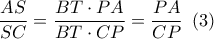 \dfrac{{AS}}{{SC}} = \dfrac{{BT \cdot PA}}{{BT \cdot CP}} = \dfrac{{PA}}{{CP}}\,\,\left( 3 \right)