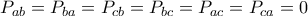 \displaystyle P_{ab}=P_{ba}=P_{cb}=P_{bc}=P_{ac}=P_{ca}=0