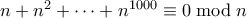 n + n^2 + \cdots + n^{1000} \equiv 0 \bmod n n + n^2 + \cdots + n^{1000} \equiv 0 \bmod n