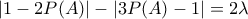 \displaystyle{\left| {1 - 2P(A)} \right| - \left| {3P(A) - 1} \right| = 2\lambda}