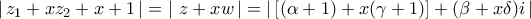 \displaystyle{ 
\left| {\,z_1  + xz_2  + x + 1\,} \right| = \left| {\,\,z + xw\,} \right| = \left| {\,\left[ {(\alpha  + 1) + x(\gamma  + 1)} \right] + (\beta  + x\delta )i\,} \right| 
}