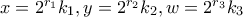 x=2^{r_1}k_1, y=2^{r_2}k_2, w=2^{r_3}k_3