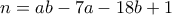 n=ab-7a-18b+1