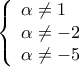 \displaystyle  
\left\{ \begin{array}{l} 
 \alpha  \ne 1\; \\  
 \alpha  \ne  - 2 \\  
 \alpha  \ne  - 5 \\  
 \end{array} \right.