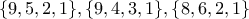 \{9,5,2,1\}, \{9,4,3,1\}, \{8,6,2,1\}