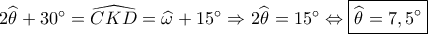 2\widehat {\theta _{}^{}} + 30^\circ  = \widehat {CKD} = \widehat {\omega _{}^{}} + 15^\circ  \Rightarrow 2\widehat {\theta _{}^{}} = 15^\circ  \Leftrightarrow \boxed{\widehat {\theta _{}^{}} = 7,5^\circ }