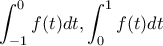 \displaystyle \int_{-1}^{0}f(t)dt,\int_{0}^{1}f(t)dt \displaystyle \int_{-1}^{0}f(t)dt,\int_{0}^{1}f(t)dt