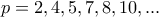 p=2,4,5,7,8,10 ,...