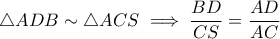 \displaystyle{\triangle ADB \sim \triangle ACS \implies \frac{BD}{CS} = \frac{AD}{AC}}
