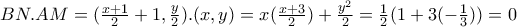 BN.AM=(\frac{x+1}{2}+1,\frac{y}{2}).(x,y)=x(\frac{x+3}{2})+\frac{y^2}{2}=\frac{1}{2}(1+3(-\frac{1}{3}))=0 BN.AM=(\frac{x+1}{2}+1,\frac{y}{2}).(x,y)=x(\frac{x+3}{2})+\frac{y^2}{2}=\frac{1}{2}(1+3(-\frac{1}{3}))=0
