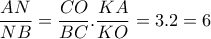 \dfrac{AN}{NB}= \dfrac{CO}{BC}. \dfrac{KA}{KO}= 3.2=6 \dfrac{AN}{NB}= \dfrac{CO}{BC}. \dfrac{KA}{KO}= 3.2=6