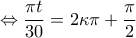 \displaystyle{ 
 \Leftrightarrow \frac{{\pi t}} 
{{30}} = 2\kappa \pi  + \frac{\pi }{2}}