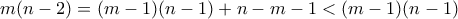 \displaystyle{m(n-2) = (m-1)(n-1) + n-m-1 < (m-1)(n-1)}