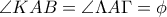 \angle KAB= \angle \Lambda A \Gamma = \phi