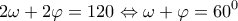 \displaystyle{2\omega  + 2\varphi  = 120 \Leftrightarrow \omega  + \varphi  = {60^0}}