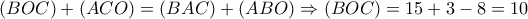 \left ( BOC \right )+\left ( ACO \right )=\left ( BAC \right )+\left ( ABO \right )\Rightarrow \left ( BOC \right )= 15+3-8=10