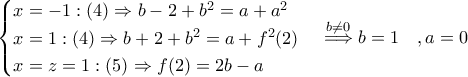 \begin {cases} 
x=-1: (4)\Rightarrow b-2+b^2=a+a^2\\ 
 
x=1: (4)\Rightarrow b+2+b^2=a+f^2(2)\\ 
 
x=z=1: (5)\Rightarrow f(2)=2b-a \end{cases}\stackrel{b\neq 0}\Longrightarrow b=1\quad ,a=0