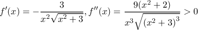 \displaystyle f'(x) = - \frac{3}{{{x^2}\sqrt {{x^2} + 3} }},f''(x) = \frac{{9({x^2} + 2)}}{{{x^3}\sqrt {{{({x^2} + 3)}^3}} }} > 0 \displaystyle f'(x) = - \frac{3}{{{x^2}\sqrt {{x^2} + 3} }},f''(x) = \frac{{9({x^2} + 2)}}{{{x^3}\sqrt {{{({x^2} + 3)}^3}} }} > 0