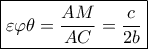 \boxed{\varepsilon \varphi \theta = \frac{{AM}}{{AC}} = \frac{c}{{2b}}} \boxed{\varepsilon \varphi \theta = \frac{{AM}}{{AC}} = \frac{c}{{2b}}}