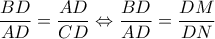 \dfrac{BD}{AD} = \dfrac{AD}{CD} \Leftrightarrow \dfrac{BD}{AD} = \dfrac{DM}{DN}