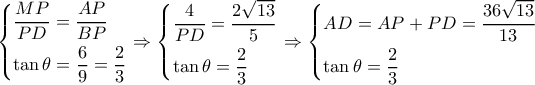 \left\{ \begin{gathered}
\frac{{MP}}{{PD}} = \frac{{AP}}{{BP}} \hfill \\
\tan \theta = \frac{6}{9} = \frac{2}{3} \hfill \\
\end{gathered} \right. \Rightarrow \left\{ \begin{gathered}
\frac{4}{{PD}} = \frac{{2\sqrt {13} }}{5} \hfill \\
\tan \theta = \frac{2}{3} \hfill \\
\end{gathered} \right. \Rightarrow \left\{ \begin{gathered}
AD = AP + PD = \frac{{36\sqrt {13} }}{{13}} \hfill \\
\tan \theta = \frac{2}{3} \hfill \\
\end{gathered} \right. \left\{ \begin{gathered}
\frac{{MP}}{{PD}} = \frac{{AP}}{{BP}} \hfill \\
\tan \theta = \frac{6}{9} = \frac{2}{3} \hfill \\
\end{gathered} \right. \Rightarrow \left\{ \begin{gathered}
\frac{4}{{PD}} = \frac{{2\sqrt {13} }}{5} \hfill \\
\tan \theta = \frac{2}{3} \hfill \\
\end{gathered} \right. \Rightarrow \left\{ \begin{gathered}
AD = AP + PD = \frac{{36\sqrt {13} }}{{13}} \hfill \\
\tan \theta = \frac{2}{3} \hfill \\
\end{gathered} \right.