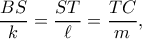 \displaystyle{\frac{{BS}}{k} = \frac{{ST}}{\ell } = \frac{{TC}}{m},}