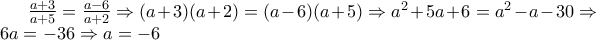 \frac{a+3}{a+5}=\frac{a-6}{a+2}\Rightarrow (a+3)(a+2)=(a-6)(a+5)\Rightarrow a^{2}+5a+6=a^{2}-a-30\Rightarrow 6a=-36\Rightarrow a=-6