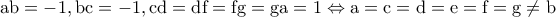 \rm ab=-1,bc=-1,cd=df=fg=ga=1\Leftrightarrow a=c=d=e=f=g\neq b