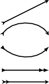 \begin{tikzpicture}	 
\draw[>->,line width=1pt,>=stealth] 
		 (1,0) -- (3.0,1)  ;  
\draw[>->,line width=1pt,>=stealth] 
(1,-0.5) to [bend left=60] (3,-0.5); 
\draw[>->,line width=1pt,>=latex] 
(1,-1.) to [bend right=45] (3,-1); 
\draw[>->>,line width=1pt,>=latex] 
(1,-2) -- (3.0,-2)  ;  
\draw[>>->,line width=1pt,>=stealth] 
(1,-2.5) -- (3.0,-2.5)  ;  
\end{tikzpicture}