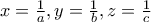 x=\frac{1}{a}, y=\frac{1}{b} , z=\frac{1}{c}
