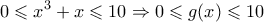 \displaystyle{\displaystyle  
0 \leqslant x^3  + x \leqslant 10 \Rightarrow 0 \leqslant g(x) \leqslant 10 
}