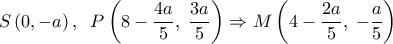  \displaystyle S\left( {0, - a} \right),\;\;P\left( {8 - \frac{{4a}}{5},\;\frac{{3a}}{5}} \right) \Rightarrow M\left( {4 - \frac{{2a}}{5},\; - \frac{a}{5}} \right)