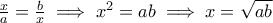 \frac{x}{a} = \frac{b}{x} \implies x^2=ab \implies x= \sqrt {ab}