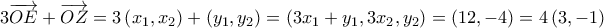 3\overrightarrow {OE}  + \overrightarrow {OZ}  = 3\left( {{x_1},{x_2}} \right) + \left( {{y_1},{y_2}} \right) = \left( {3{x_1} + {y_1},3{x_2},{y_2}} \right) = \left( {12, - 4} \right) = 4\left( {3, - 1} \right)