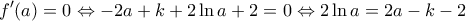 \displaystyle {f}'(a)=0\Leftrightarrow -2a+k+2\ln a+2=0\Leftrightarrow 2\ln a=2a-k-2