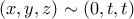 \displaystyle{(x,y,z)\sim(0,t,t)}