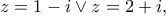 \displaystyle{z=1-i\vee z=2+i,}
