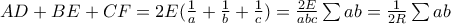 AD+BE+CF=2E(\frac{1}{a}+\frac{1}{b}+\frac{1}{c})=\frac{2E}{abc}\sum{ab}
=\frac{1}{2R}\sum{ab} AD+BE+CF=2E(\frac{1}{a}+\frac{1}{b}+\frac{1}{c})=\frac{2E}{abc}\sum{ab}
=\frac{1}{2R}\sum{ab}