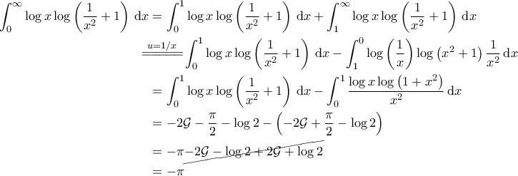 \begin{aligned} 
\int_{0}^{\infty} \log x \log \left ( \frac{1}{x^2}+1 \right ) \, {\rm d}x &= \int_{0}^{1} \log x \log \left ( \frac{1}{x^2}+1 \right ) \, {\rm d}x  + \int_{1}^{\infty} \log x \log \left ( \frac{1}{x^2}+1 \right )\, {\rm d}x\\  
 &\!\!\!\!\!\overset{u=1/x}{=\! =\! =\! =\! =\!} \int_{0}^{1}\log x \log \left ( \frac{1}{x^2}+1 \right ) \, {\rm d}x - \int_{1}^{0} \log \left ( \frac{1}{x} \right ) \log \left ( x^2+1 \right ) \frac{1}{x^2} \, {\rm d}x \\   
 &=\int_{0}^{1} \log x \log \left ( \frac{1}{x^2}+1 \right ) \, {\rm d}x - \int_{0}^{1} \frac{\log x \log \left ( 1+x^2 \right )}{x^2} \, {\rm d}x \\  
 &=-2\mathcal{G} - \frac{\pi}{2} - \log 2  - \left ( -2\mathcal{G} + \frac{\pi}{2}  - \log 2\right )\\  
 &=- \pi \cancel{- 2\mathcal{G} - \log 2 + 2\mathcal{G} + \log 2} \\  
 &= -\pi 
\end{aligned}