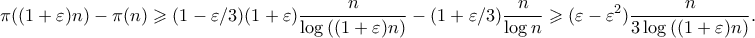 \displaystyle{\pi((1+\varepsilon)n) - \pi(n) \geqslant (1-\varepsilon/3)(1+\varepsilon) \frac{n}{\log{((1+\varepsilon) n)}} - (1 + \varepsilon/3) \frac{n}{\log{n}} \geqslant (\varepsilon - \varepsilon^2) \frac{n}{3\log{((1+\varepsilon) n)}}.} \displaystyle{\pi((1+\varepsilon)n) - \pi(n) \geqslant (1-\varepsilon/3)(1+\varepsilon) \frac{n}{\log{((1+\varepsilon) n)}} - (1 + \varepsilon/3) \frac{n}{\log{n}} \geqslant (\varepsilon - \varepsilon^2) \frac{n}{3\log{((1+\varepsilon) n)}}.}