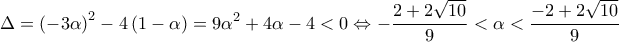 \displaystyle{\Delta ={{\left( -3\alpha  \right)}^{2}}-4\left( 1-\alpha  \right)=9{{\alpha }^{2}}+4\alpha -4<0\Leftrightarrow -\frac{2+2\sqrt{10}}{9}<\alpha <\frac{-2+2\sqrt{10}}{9}}