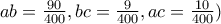 ab=\frac{90}{400}, bc=\frac{9}{400}, ac=\frac{10}{400})