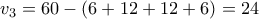 \displaystyle{v_3=60-(6+12+12+6)=24}