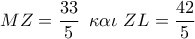 MZ = \dfrac{{33}}{5}\,\,\,\kappa \alpha \iota \,\,ZL = \dfrac{{42}}{5}