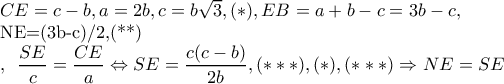 CE=c-b,a=2b,c=b\sqrt{3},(*),EB=a+b-c=3b-c,

NE=\fdrac{(3b-c)}/{2},(**)

, \dfrac{SE}{c}=\dfrac{CE}{a}\Leftrightarrow SE=\dfrac{c(c-b)}{2b}, (***), (*),(***)\Rightarrow NE=SE