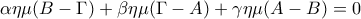 \displaystyle{\alpha \eta \mu (B-\Gamma )+\beta \eta \mu (\Gamma - A)+\gamma \eta \mu (A-B)=0}